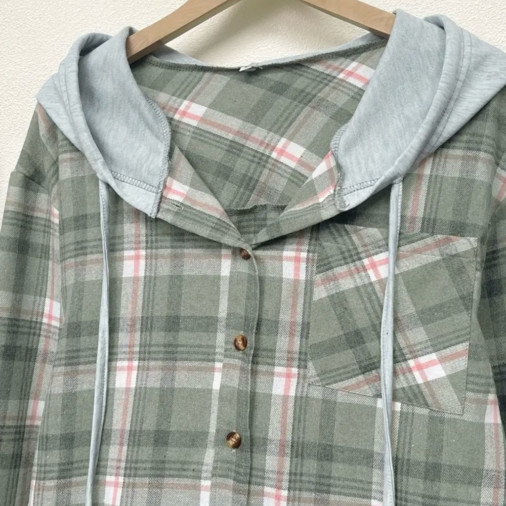 Lightweight Hooded Plaid Flannel Button Front Shirt Sage Green - Picture 4 of 7